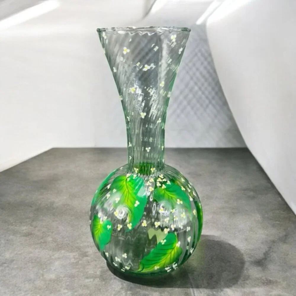 Elegant Impression By Trish Hand Painted Glass Vase‎ Vessel Green Floral Pattern